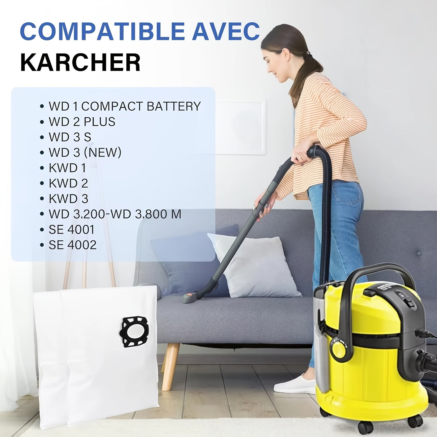 Replacement 12pcs Vacuum Bags and 2pcs Filters Part No 2.863-314.0 for Karchers WD2 Plus WD3 Wd3s KFI 357 SE4001 SE4002 KA 40