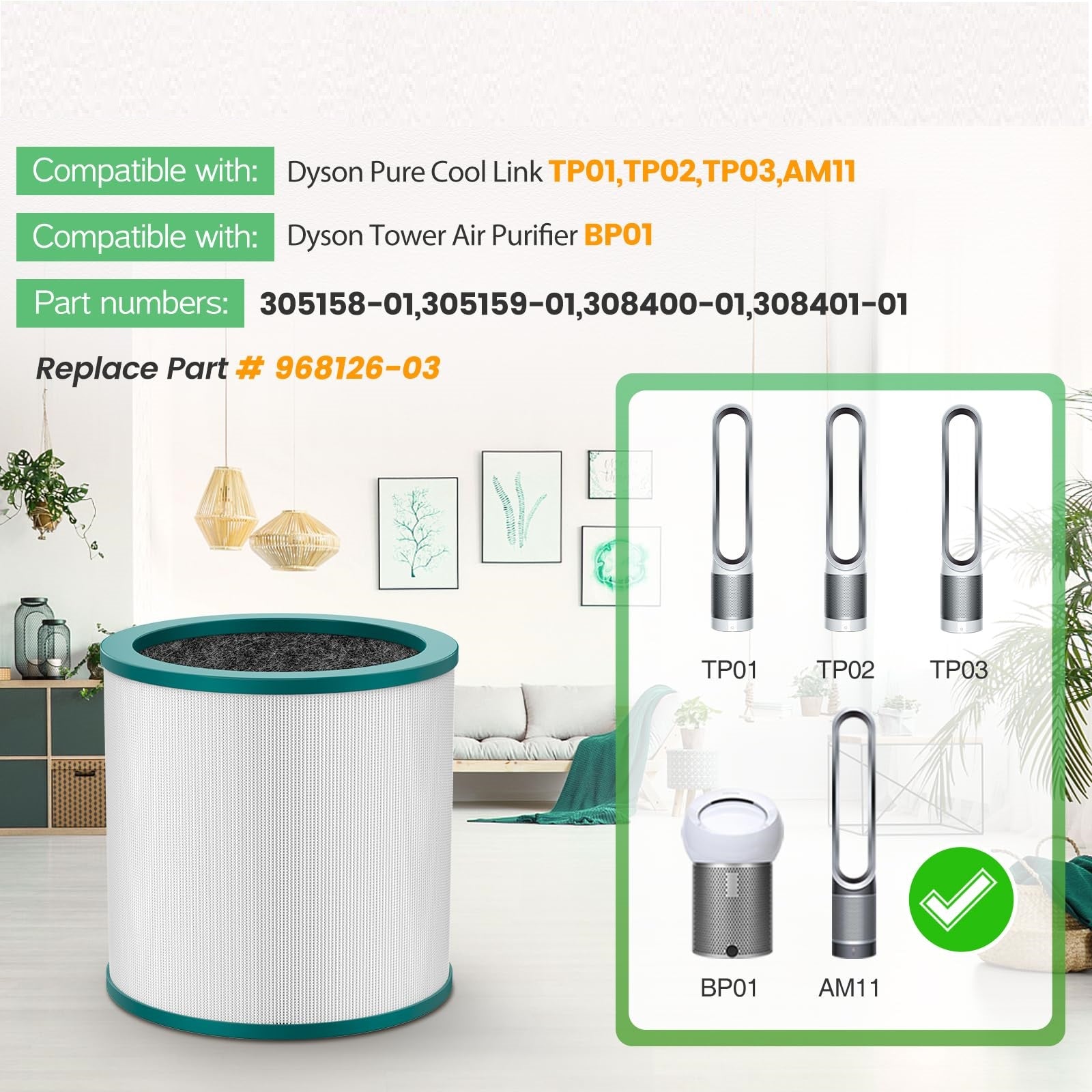 Replacement Air Purifier Filter for Dyson Tower Purifier Pure Cool Link TP01, TP02, TP03, BP01, Compare to Part 968126-03