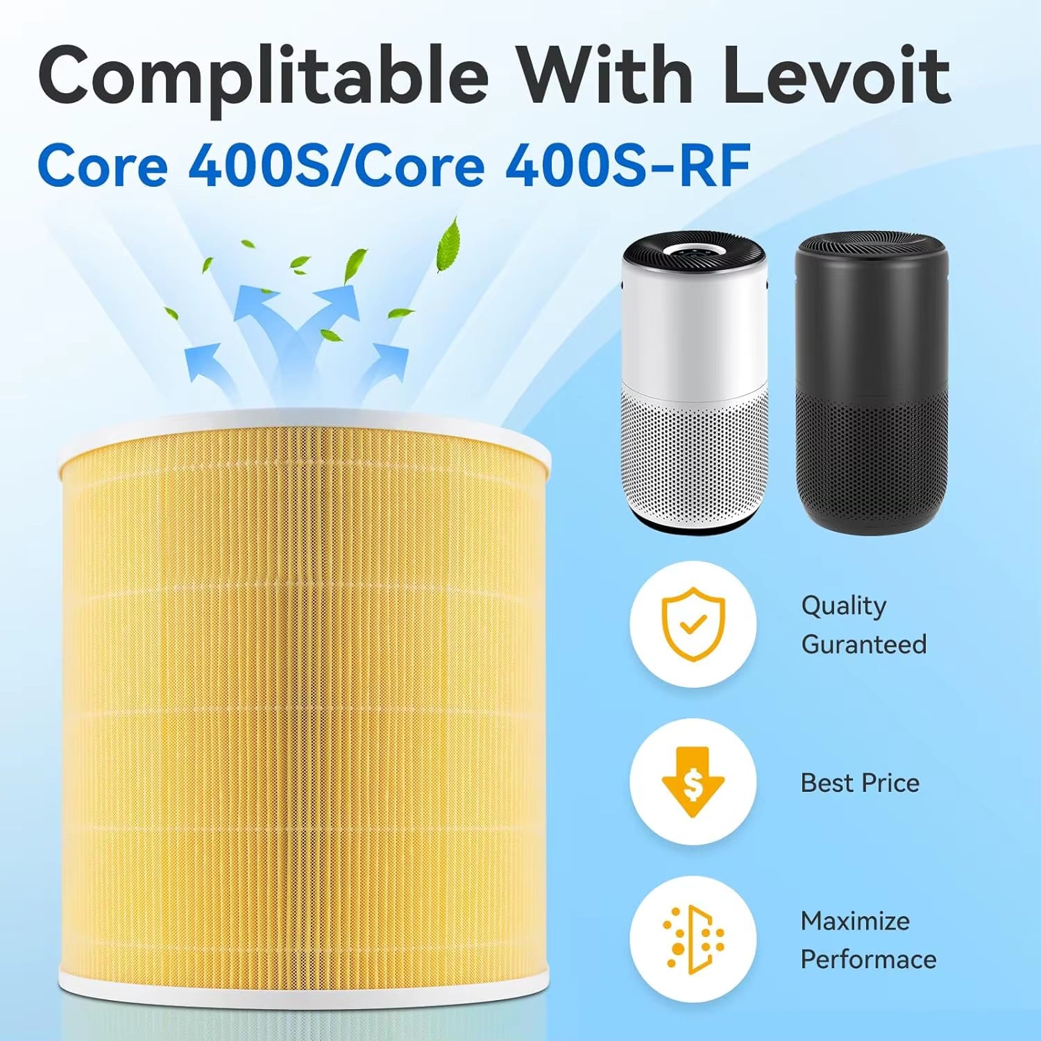 Air Purifier Model Core 400S/400s-RF Replacement Filter Activated Carbon and HEPA Materials Compatible Part for Levoit, High-Efficiency Activated Carbon for Removal of Smoke, Odor, Allergens, Pollen