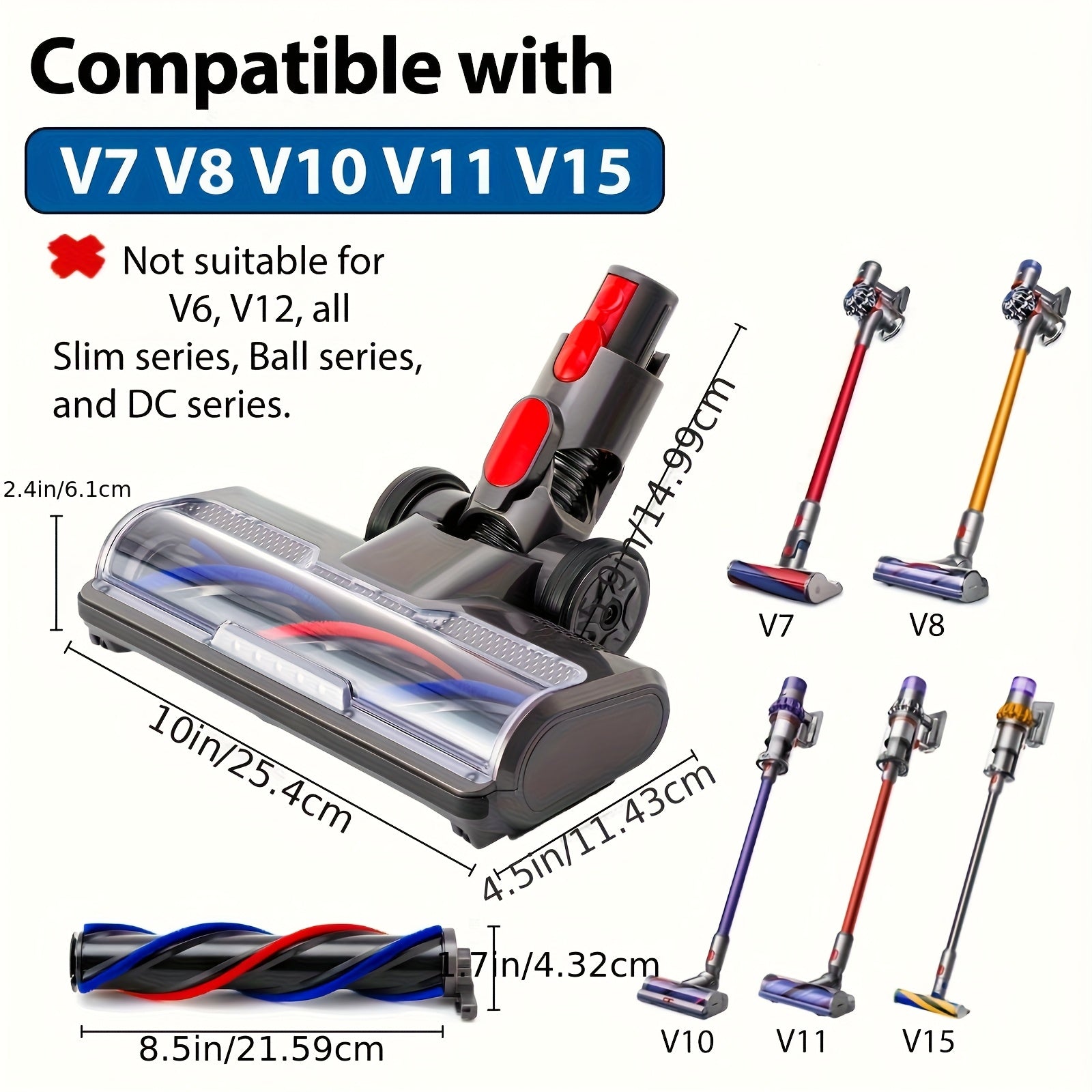 Cleaning Head with Direct Drive That Works with Dyson V7, V8, V10, V11, And V15 Vacuum Cleaners, Suitable for Low Pile Carpets And Hard Surfaces