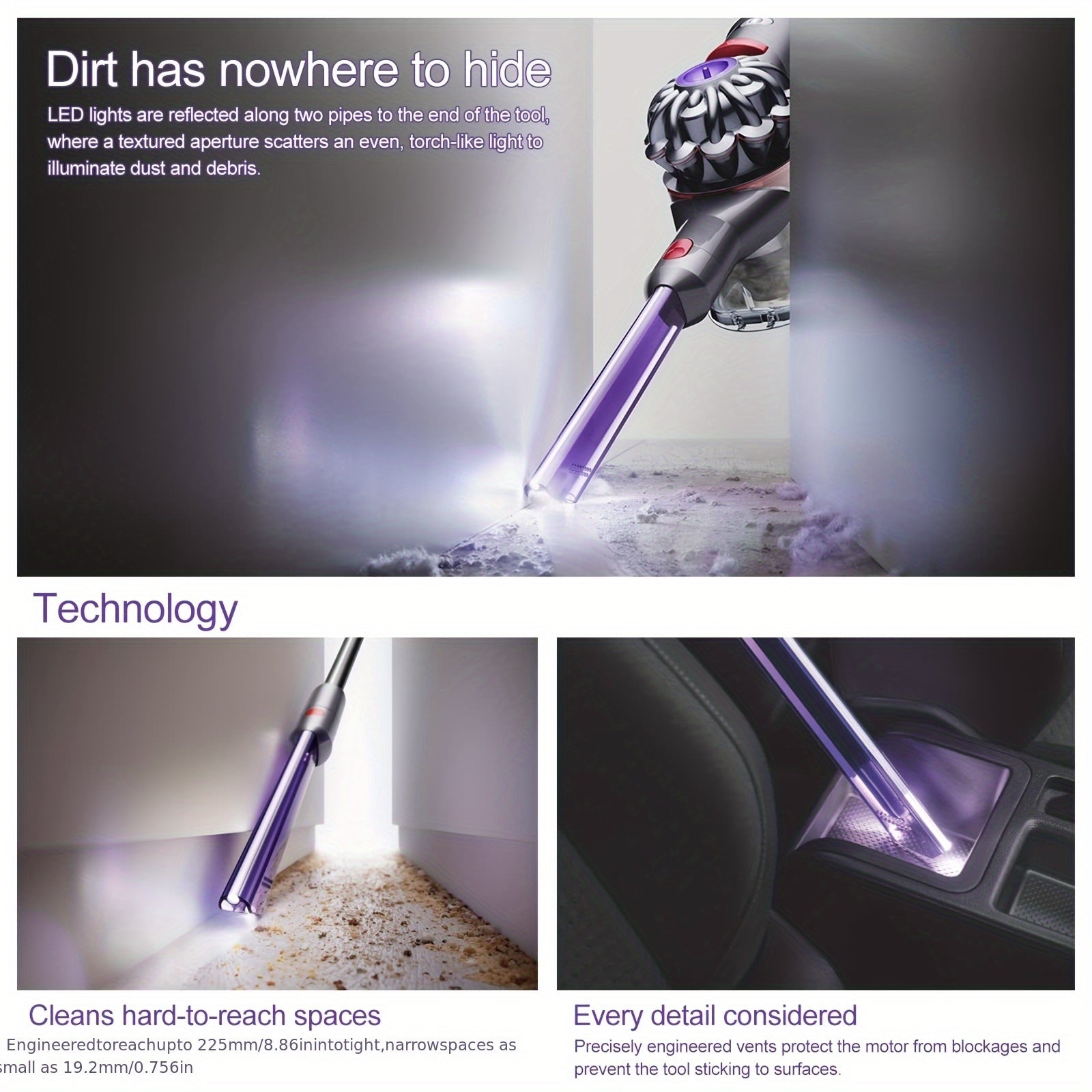 LED Light Pipe Crevice Tool Suction Crevice Head for Dyson V7 V8 V10 V11 V15 Vacuum Cleaner Replacement Parts