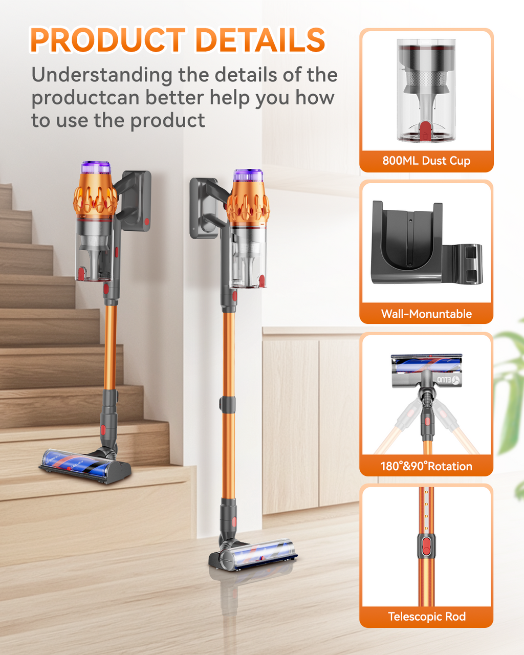 Cordless Vacuum Cleaner Suitable for Home Use, Handheld Vacuum Cleaner, Rechargeable Electric Handheld Vacuum Cleaner/high Suction/removable Battery, 10-18-35 Three-speed Adjustment, Rechargeable LED Brush, Suitable for Home, Car, Pets