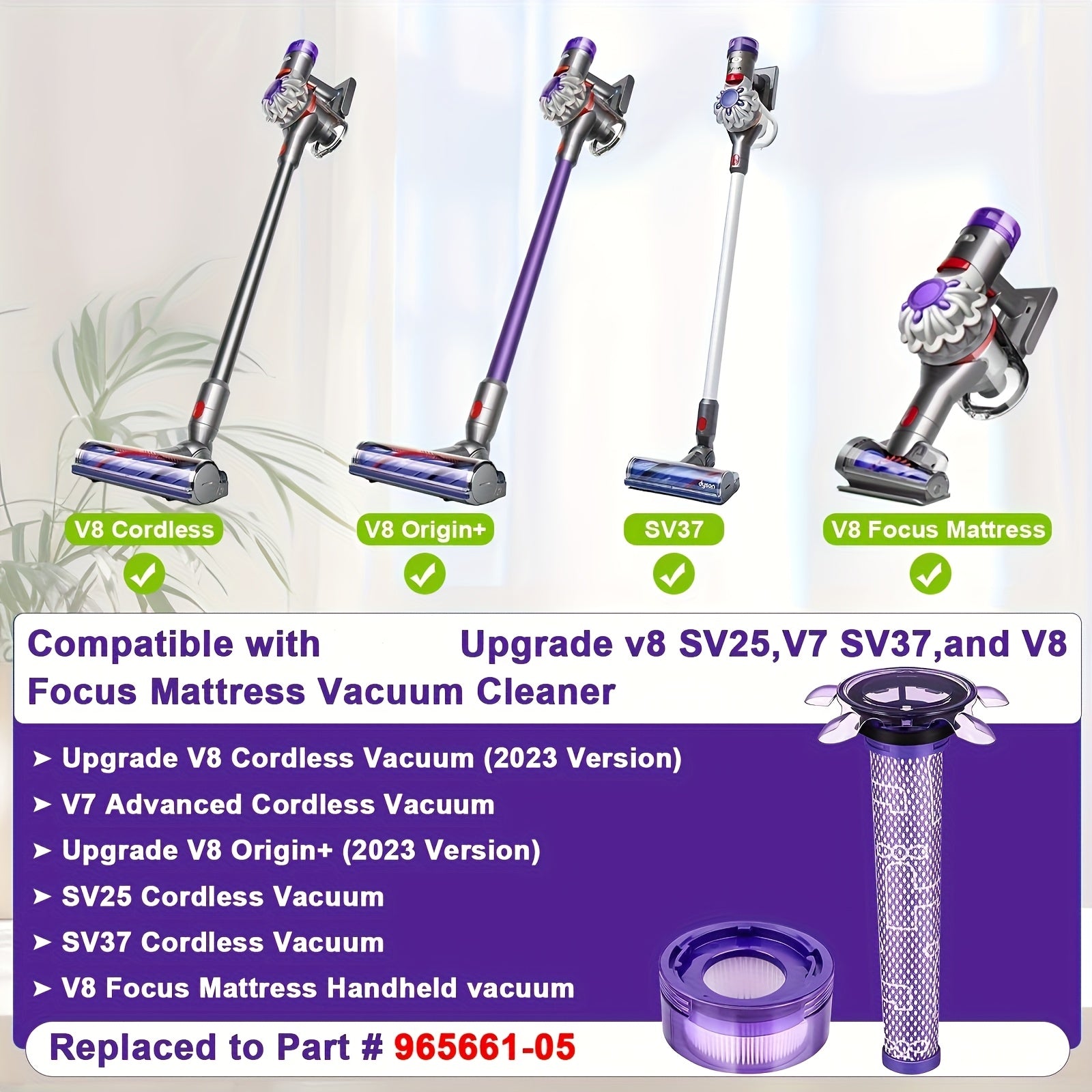 Upgraded V7 V8 Replacement Filter for New Version V7 V8 Cordless Vacuum, V8 Animal Extra SV25, SV37, SV10, V8 FOCUS Mattress, Replace Part #965661-05 & 967478-05