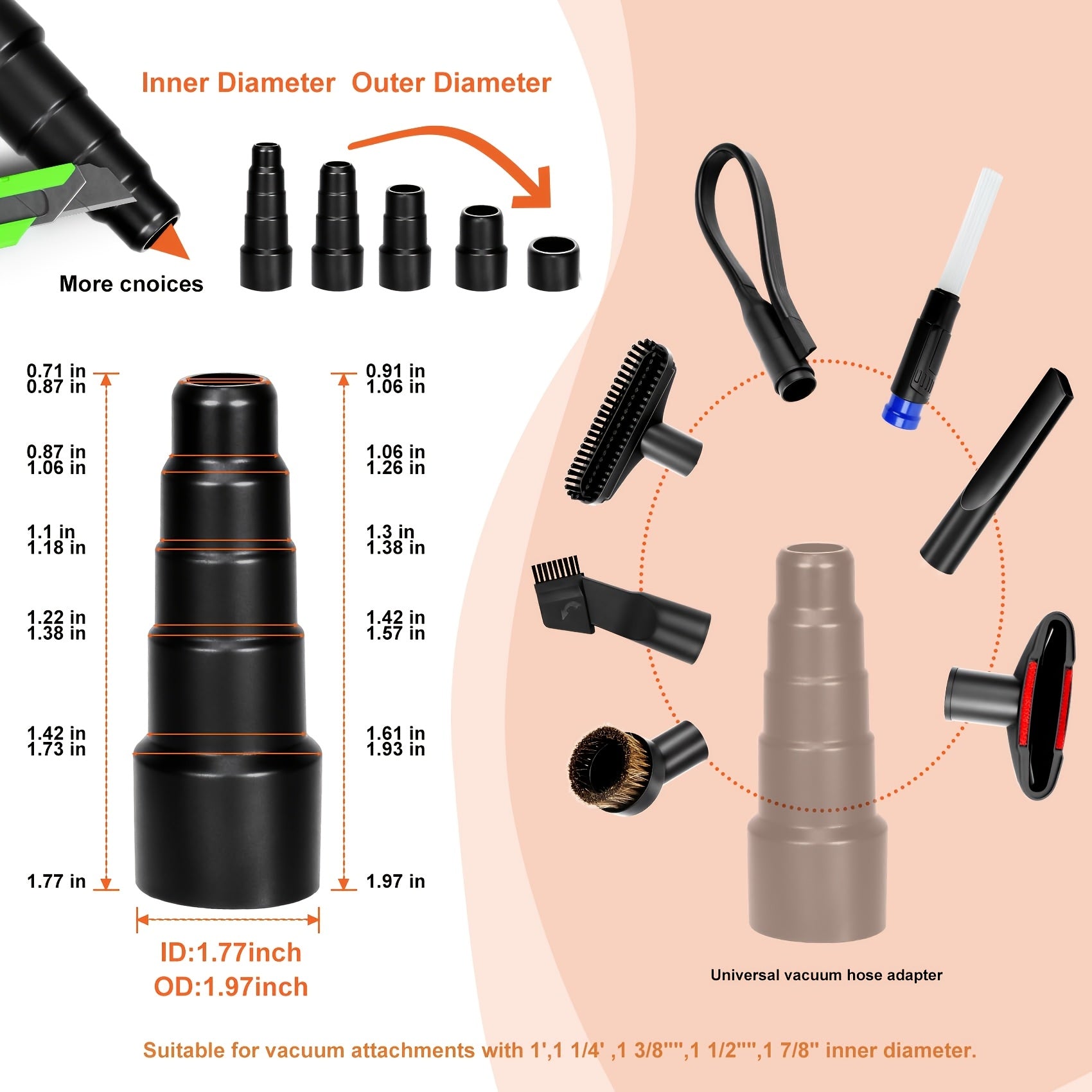 2 1/2"", 1 1/4"", and 1 7/8"" Sizes Universal Extension Wand Hose Adapter Vacuum Cleaner Accessory Fit for Wet and Dry Vacuums